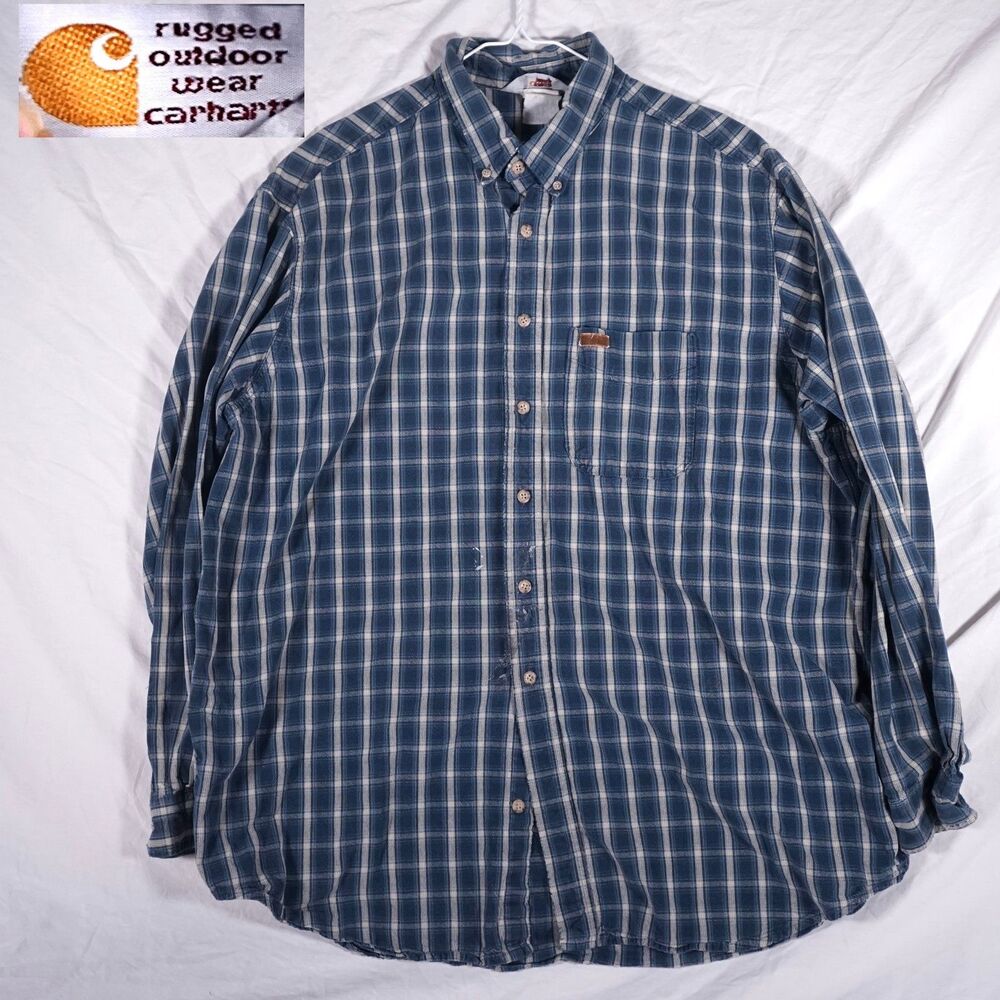 Carhartt Vintage Flannel Rugged Outdoor Wear Logo Plaid Blue Measures XXL